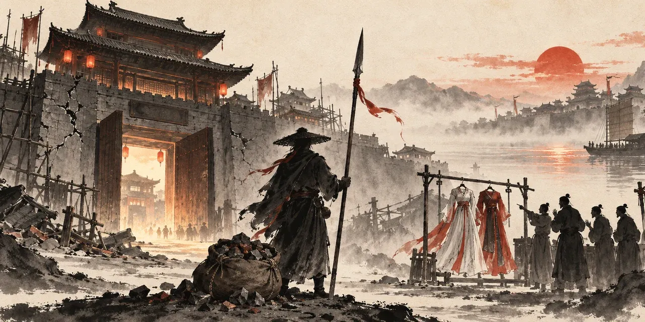 Ink-wash illustration: a cracked, scaffolded city gate tower glowing with red lanterns; a lone wanderer in a bamboo hat holds a long spear beside a heavy sack of materials; onlookers argue beside two festival robes on a rack; across a misty river a distant city and ferry wait under a red rising sun